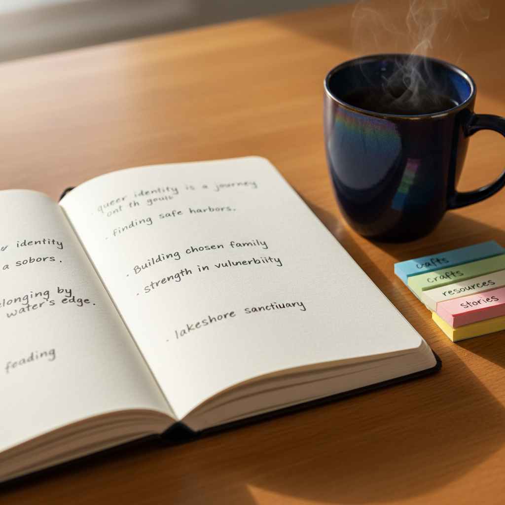 A sturdy, open notebook with thick, cream-colored pages lies on a honey-toned wooden table, its spread filled with neat, handwritten reflections about identity and safety. Beside it rests a ceramic mug glazed in deep navy with a subtle rainbow sheen at the rim, and a small stack of pastel sticky notes labeled with topics like “crafts,” “resources,” and “stories.” Soft morning light filters in from an unseen window, creating gentle highlights on the ink strokes and a warm glow on the wood grain. Photographed from a slightly elevated angle with a shallow depth of field, the scene feels intimate, calm, and thoughtful, reflecting the honesty and care of a queer lakeshore blog.