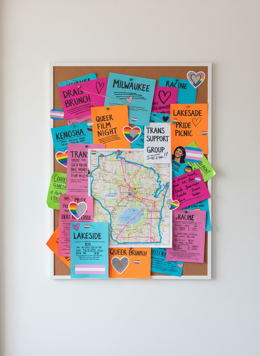 A cork bulletin board mounted on a freshly painted white wall is covered with overlapping flyers and stickers for queer community events in Milwaukee, Kenosha, and Racine. Brightly colored paper, hand-drawn hearts, and small rainbow and trans flag motifs peek out between pushpins, along with a printed map of the lakeshore marked in neon highlighter. Soft, diffused indoor lighting gently illuminates the textures of paper and cork, casting subtle shadows from the pins. Shot straight-on with sharp focus across the board, the photographic image feels organized yet handmade, conveying a professional but grassroots resource hub for local queer life.